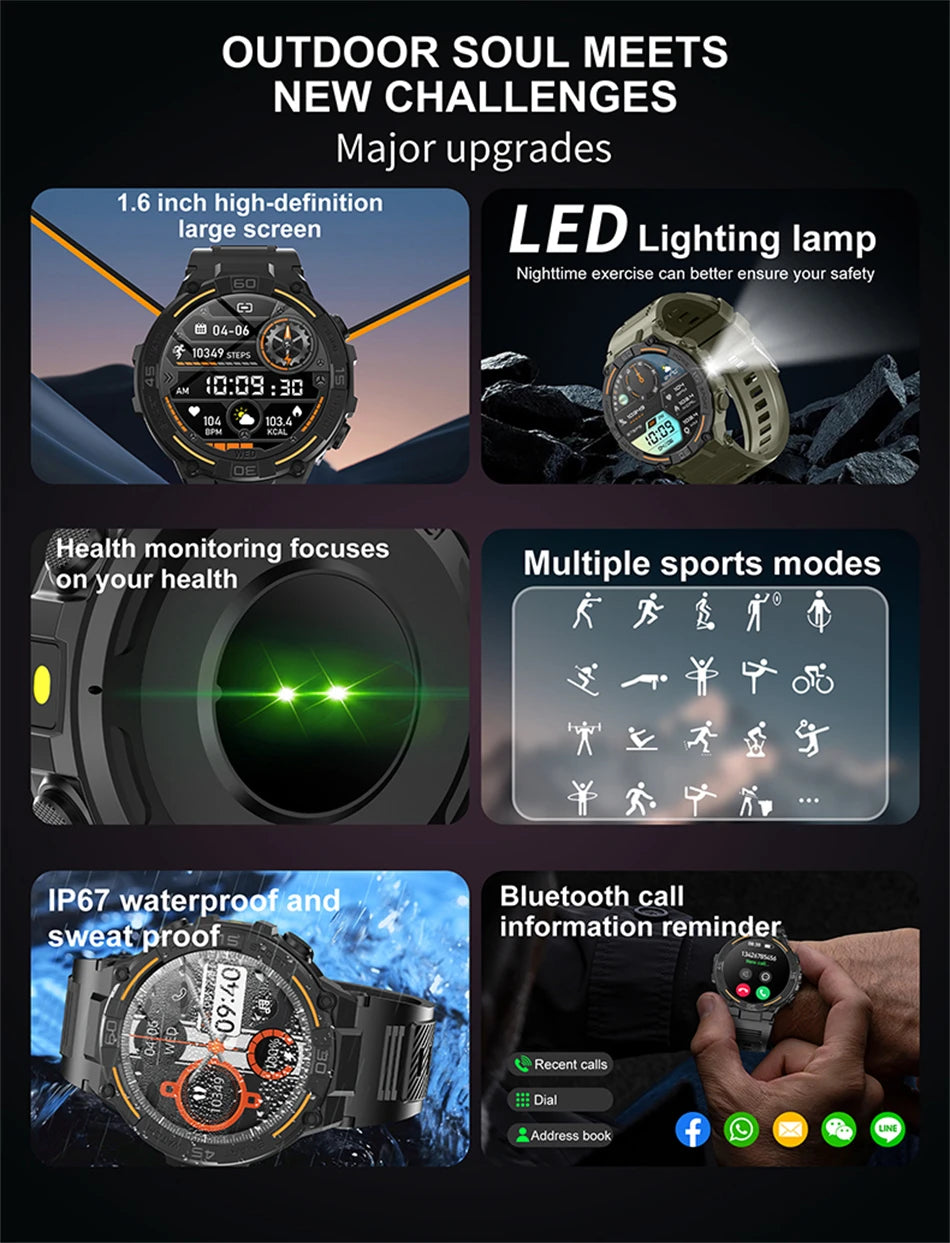 Outdoor Military Rugged Smartwatch Men GPS Sports Fitness Waterproof Watch Bluetooth Call with LED Lights Smart Watch