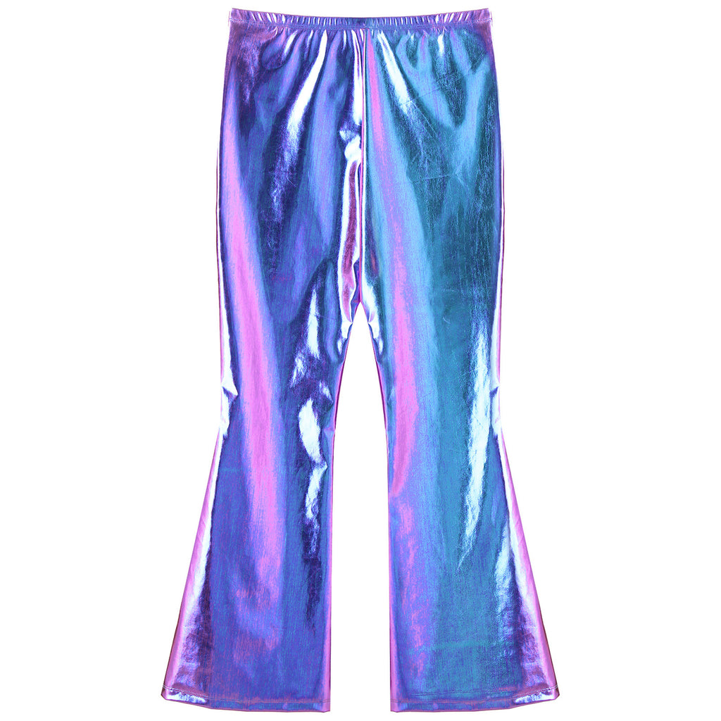 Men Metallic Shiny Flared Pants Retro Disco Costume Elastic Waistband Bell Bottom Trousers Long Pants 70s Party Show Clubwear