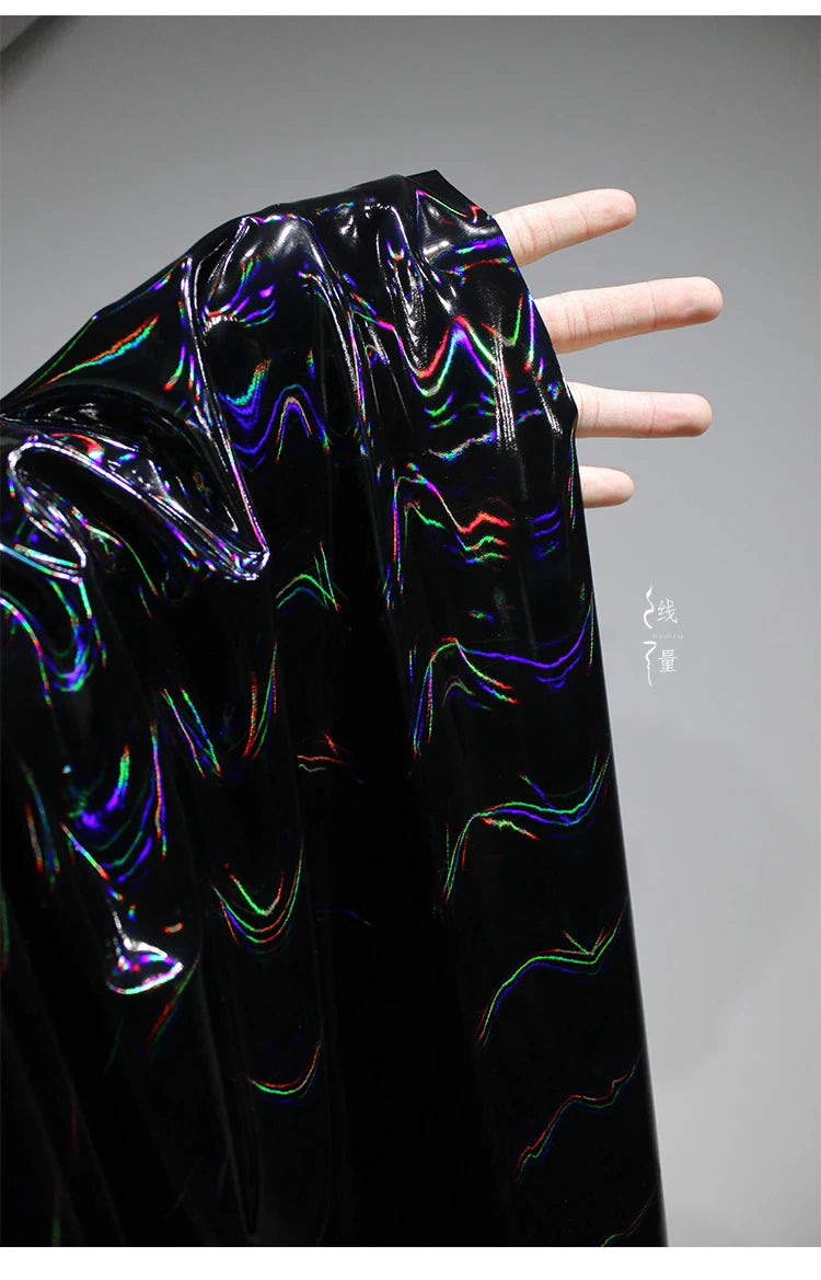 Black Iridescent Synthetic Leather Fabric Technology Oriented Micro Elastic TPU Fabrics Clothing Designer Cloth for Diy Sewing