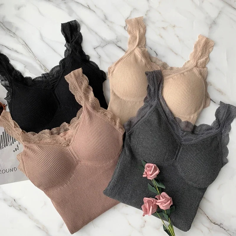 Thermal Underwear Inner Vest For Women Warm Winter Sexy Lace Sleeveless Tank Tops Padded Bra Thermo Thick Slimming Undershirt