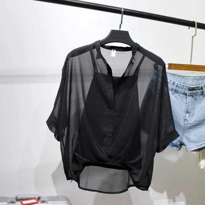 Summer Two Piece Set Chiffon Blouse Half Sleeve Loose V-Neck Women Shirts Elegant Casual Tops