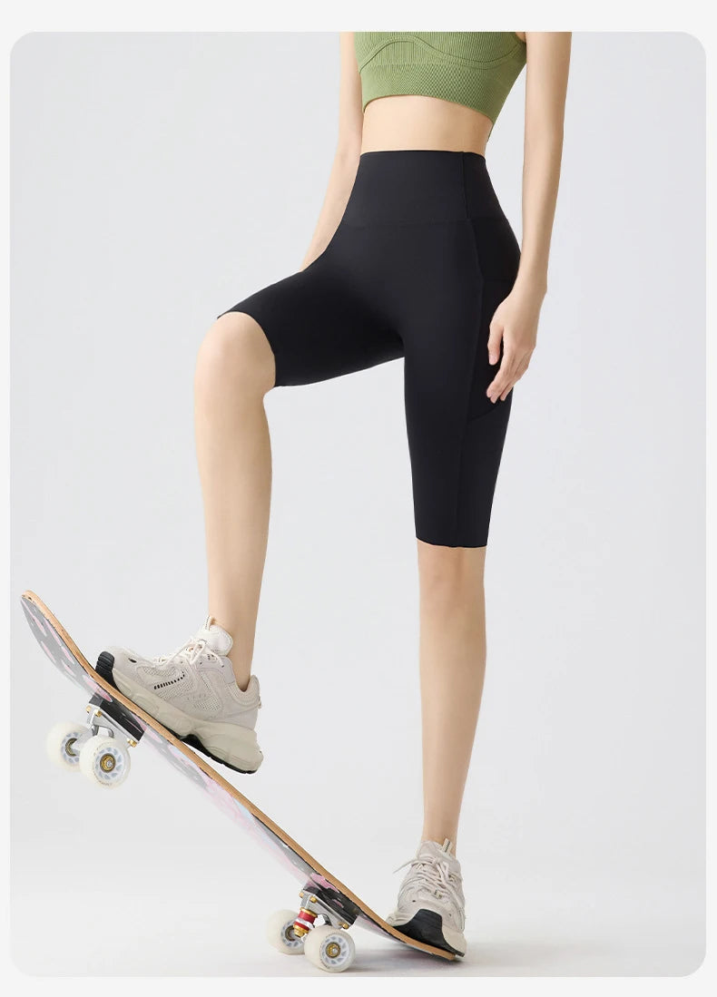 BIVIGAOS Summer Pocket Yoga Sharkskin Bicycle Shorts Women Thin High Waist Push Up Naked Feeling Sports  Fitness Cycling Shorts