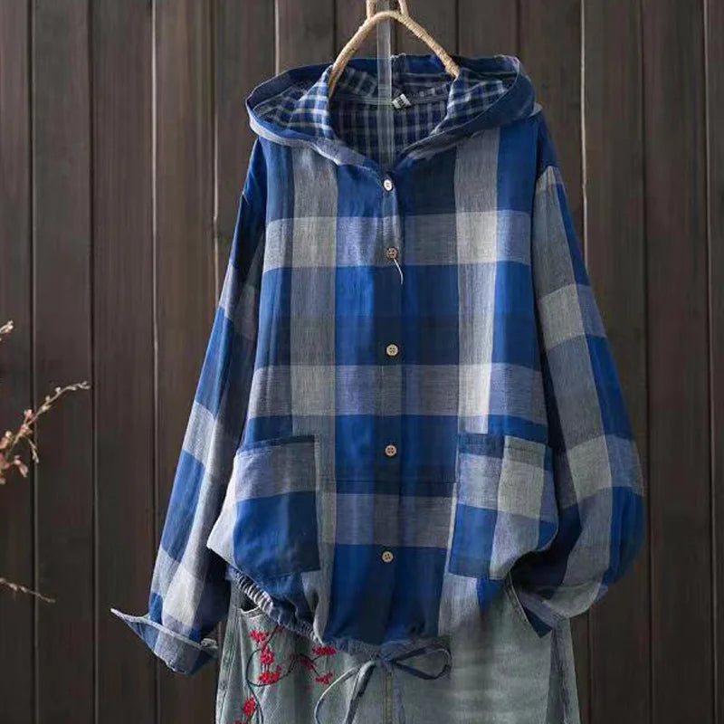 Large size blouses for women autumn hooded long sleeve single-breasted plaid shirts cotton checkered oversized shirt outwear
