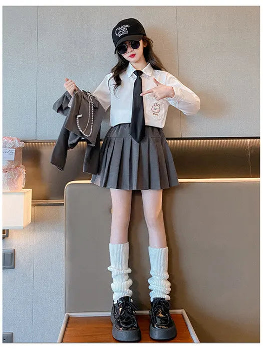 Junior Girl JK School Uniform Set Unique Formal Chain Smart Jackets and Pleated Skirt 2Pcs School Kids Child Uniform Blazer Suit