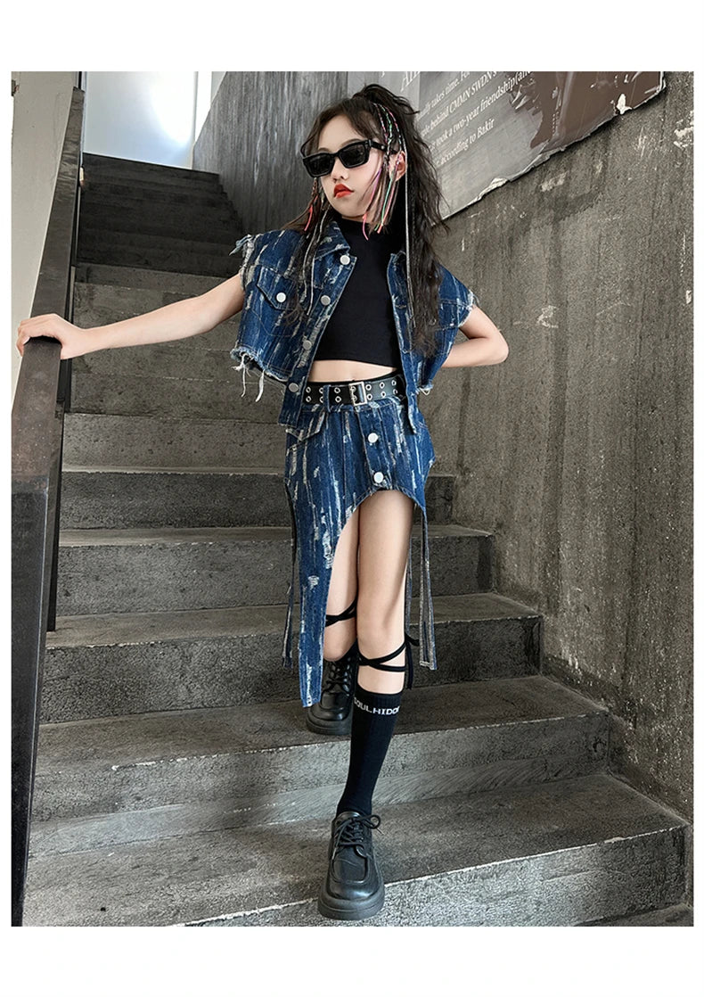 junior Girls Street Jazz Dance Set short denim vest jacket+Irregular skirt black top shorts belt teen girls clothes suit outfits