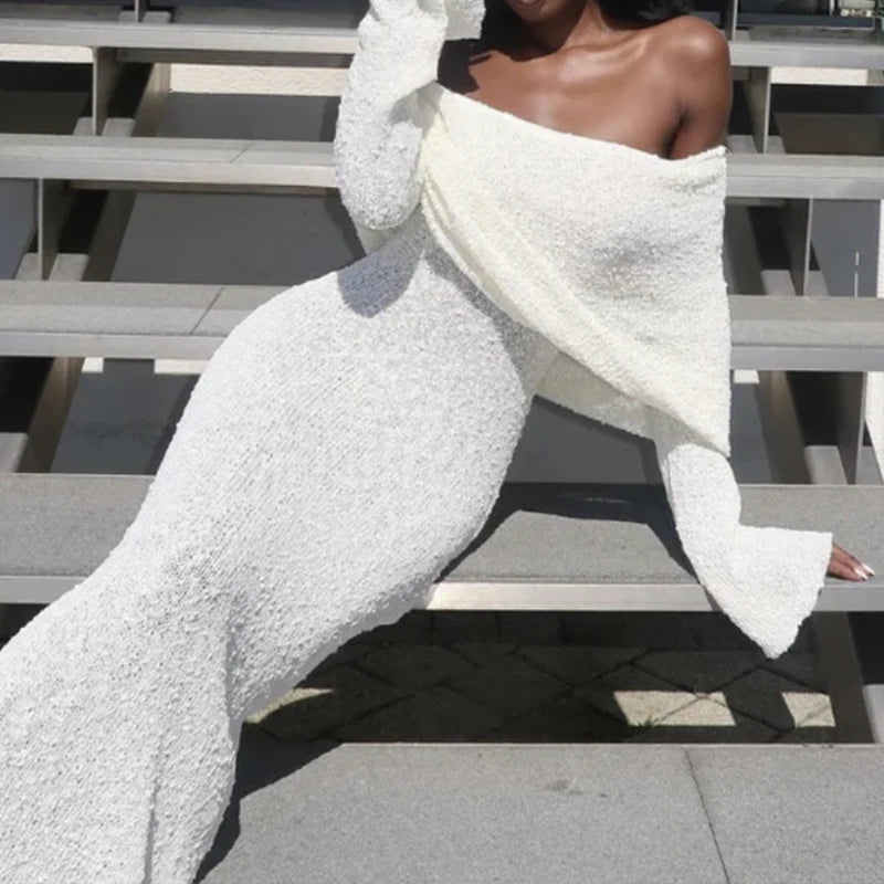 Fashion Style Knitted One-Shoulder See-Through Beachwear Cover Up Women's Beach Vacation Sunscreen Dress Elegant Long Dress