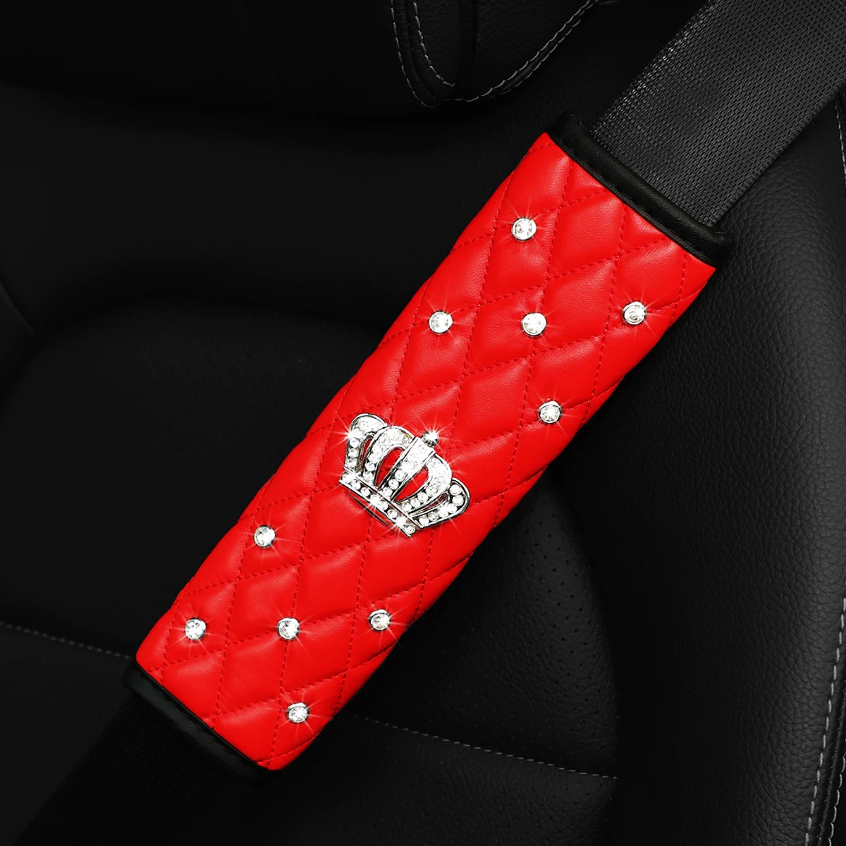 A skin feeling PU sheepskin embroidered crown diamond artificial stone car shoulder guard seat belt automotive supplies