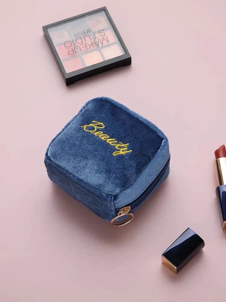 Velvet Embroidery Cosmetic Bag Sanitary Pad Pouches Portable Durable Makeup Lipstick Data Cables Organizer Toiletry Beauty Case
