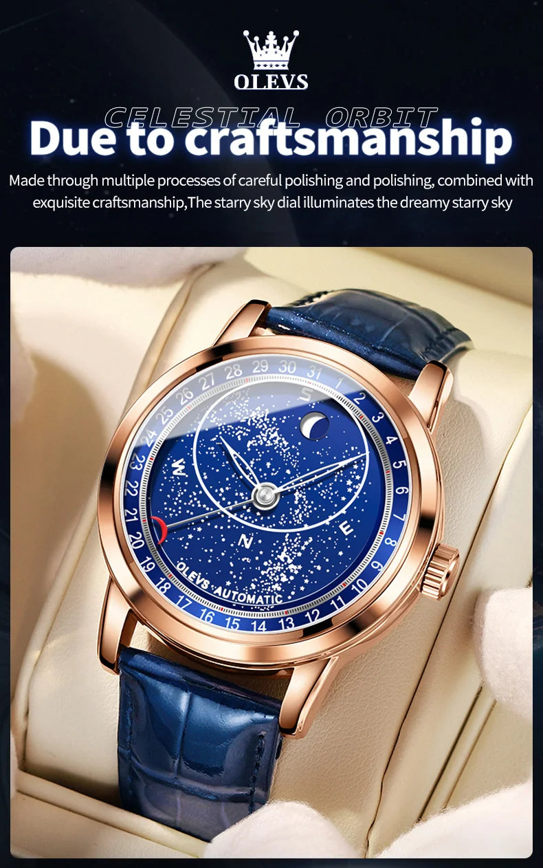 OLEVS 9923 Mens Watch Luxury Original Automatic Mechanical Watch Leather Strap Waterproof Luminous Starry Dial Watch For Men