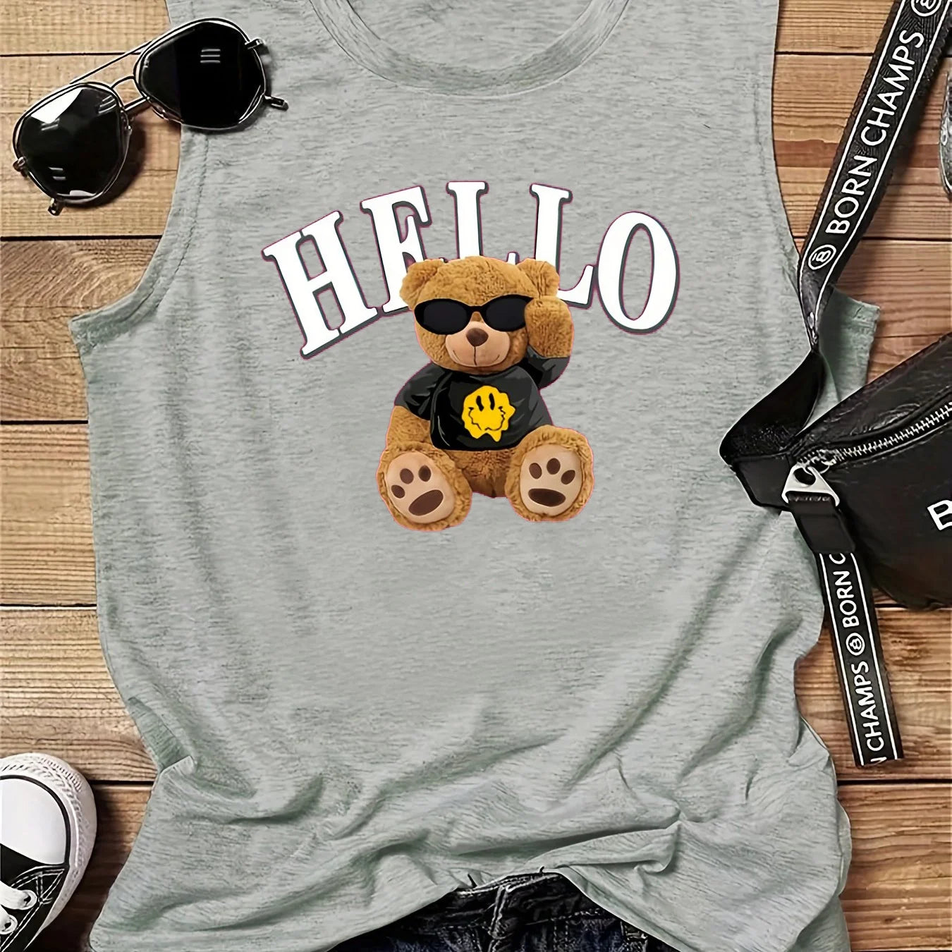 Women's Summer HELLO BEAR Crew Neck Breathable cartoon Print Large Casual Round Neck Sleeveless Loose Tank Top T-shirt