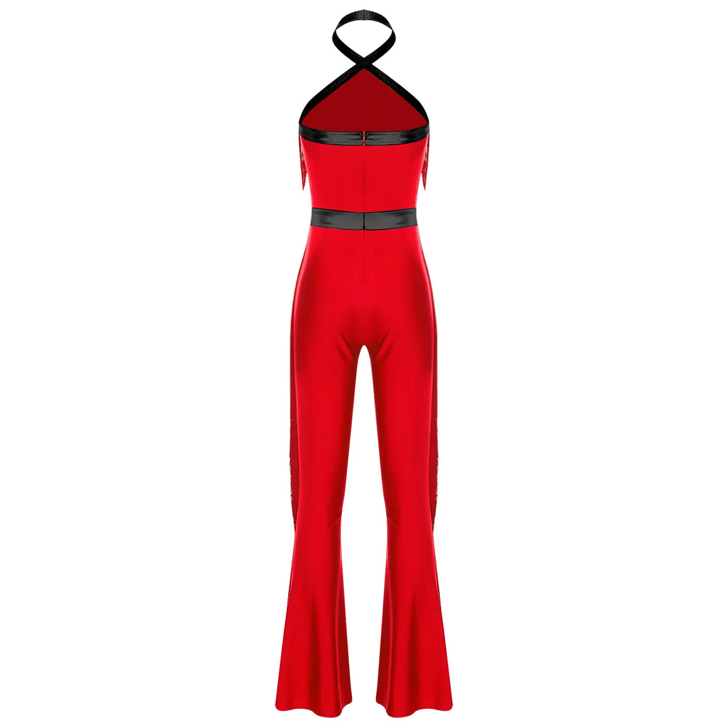 Womens 70s Disco Party Jumpsuit Halter Shiny Sequins Tassel Flared Pants Latin Jazz Dance Rompers Rave Festival Prom Clubwear