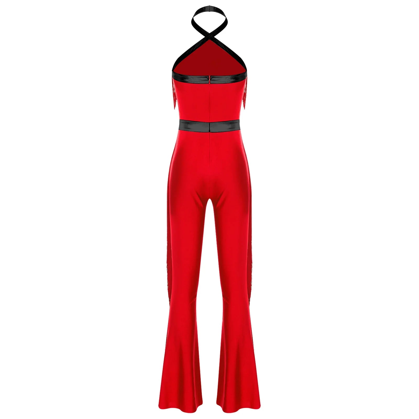 Womens 70s Disco Party Jumpsuit Halter Shiny Sequins Tassel Flared Pants Latin Jazz Dance Rompers Rave Festival Prom Clubwear