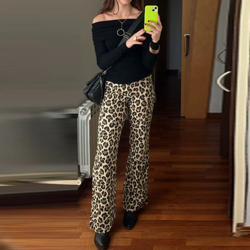 HXAO Leopard Flared Pants Women's Pants Summer 2025 Lady Fashion Vintage Animal Print High Waist Pants Chic Office Wear Trousers