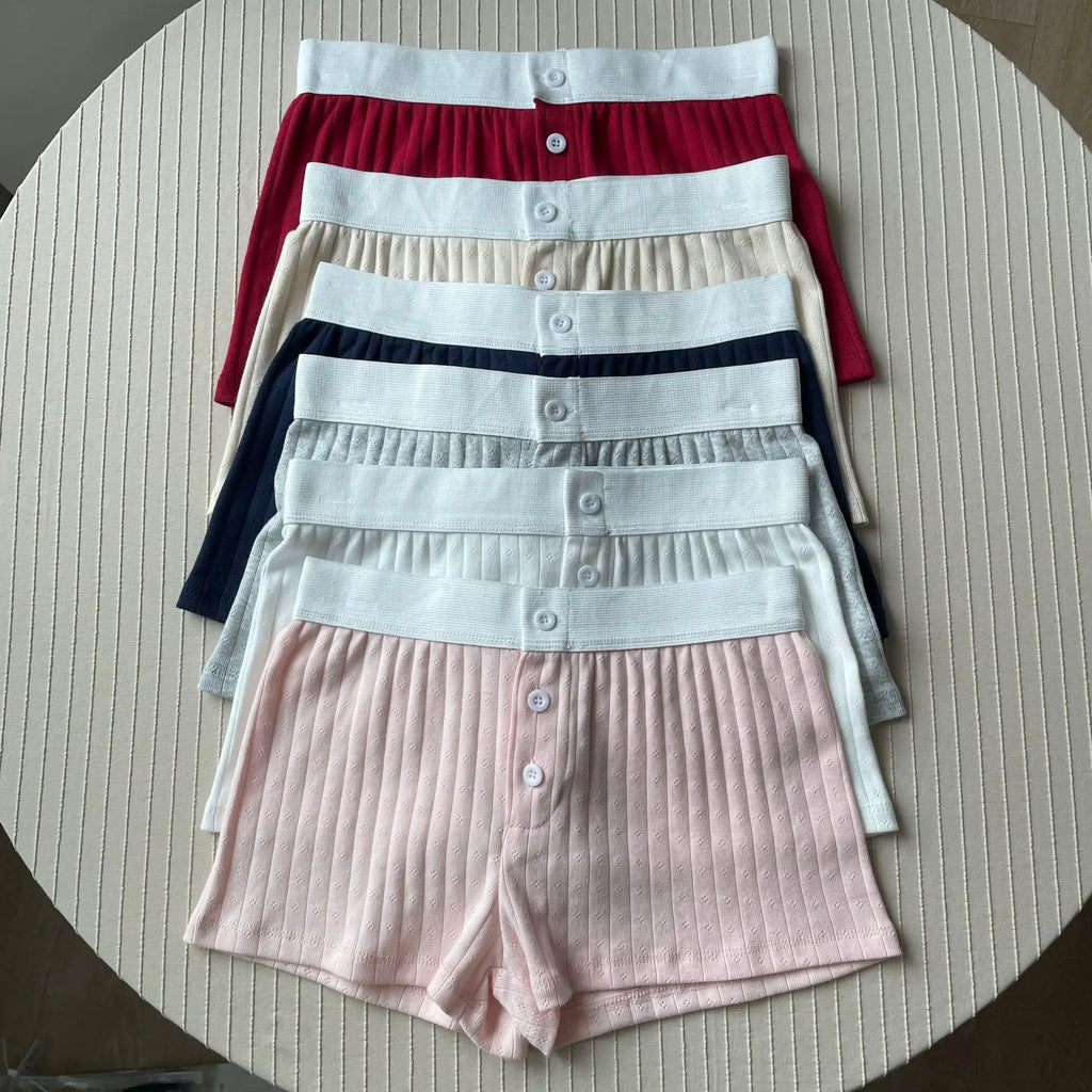 Floral Eyelet Cotton Boy Shorts Woman Summer Three Buttons Patchwork Elastic Waist Straight Short Pant Sweet Cute Home Underwear