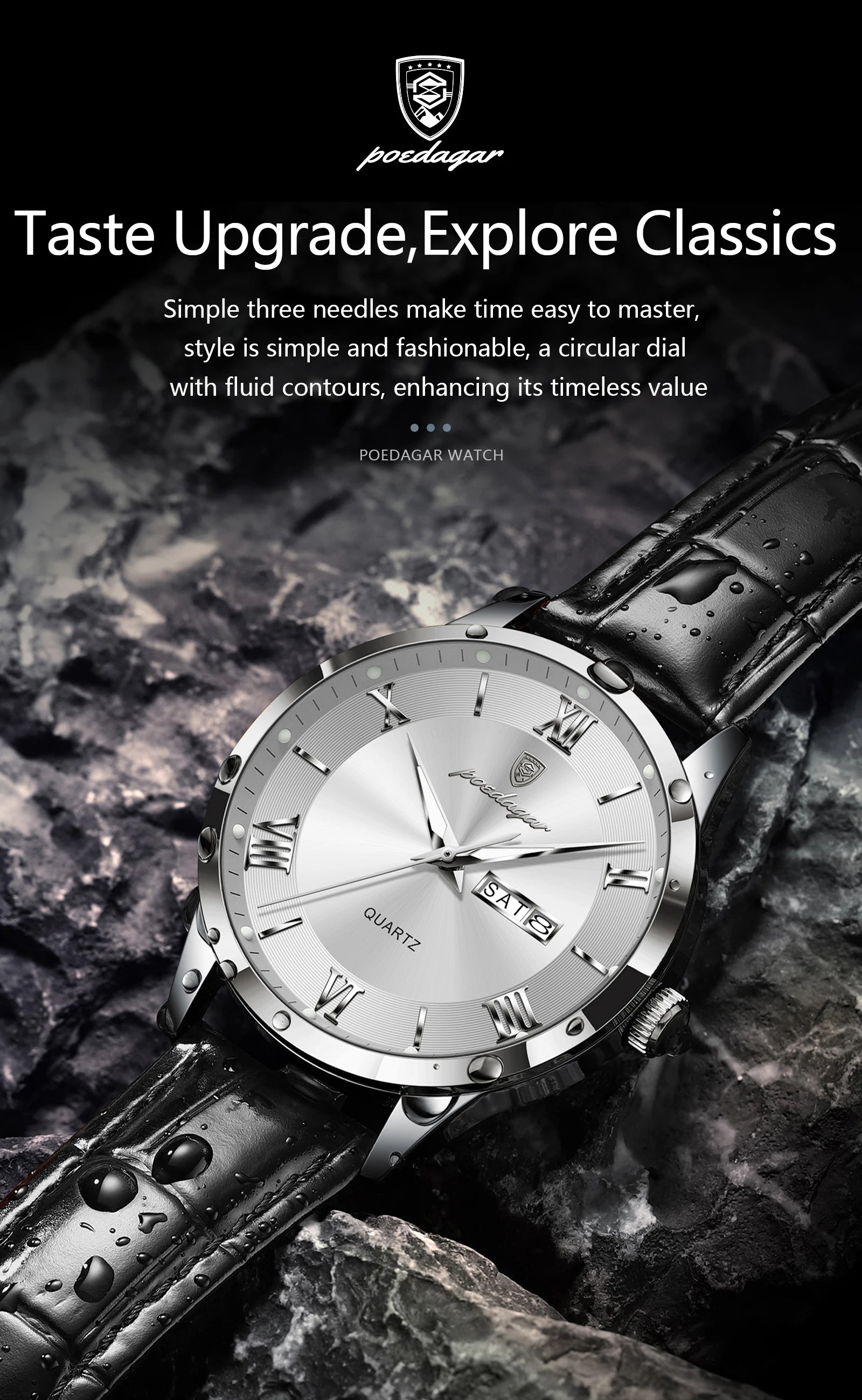 POEDAGAR Classic Luxury Men's Wristwatch Date Week Leather Business Man Watch Waterproof Luminous Fashion Quartz Watches For Men