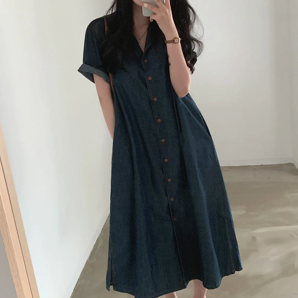 Slimming Chic Retro Chic Long Dr with Belt High Waist A-Line Skirt ort Sve Korean Sle Commute Dr Denim Dr