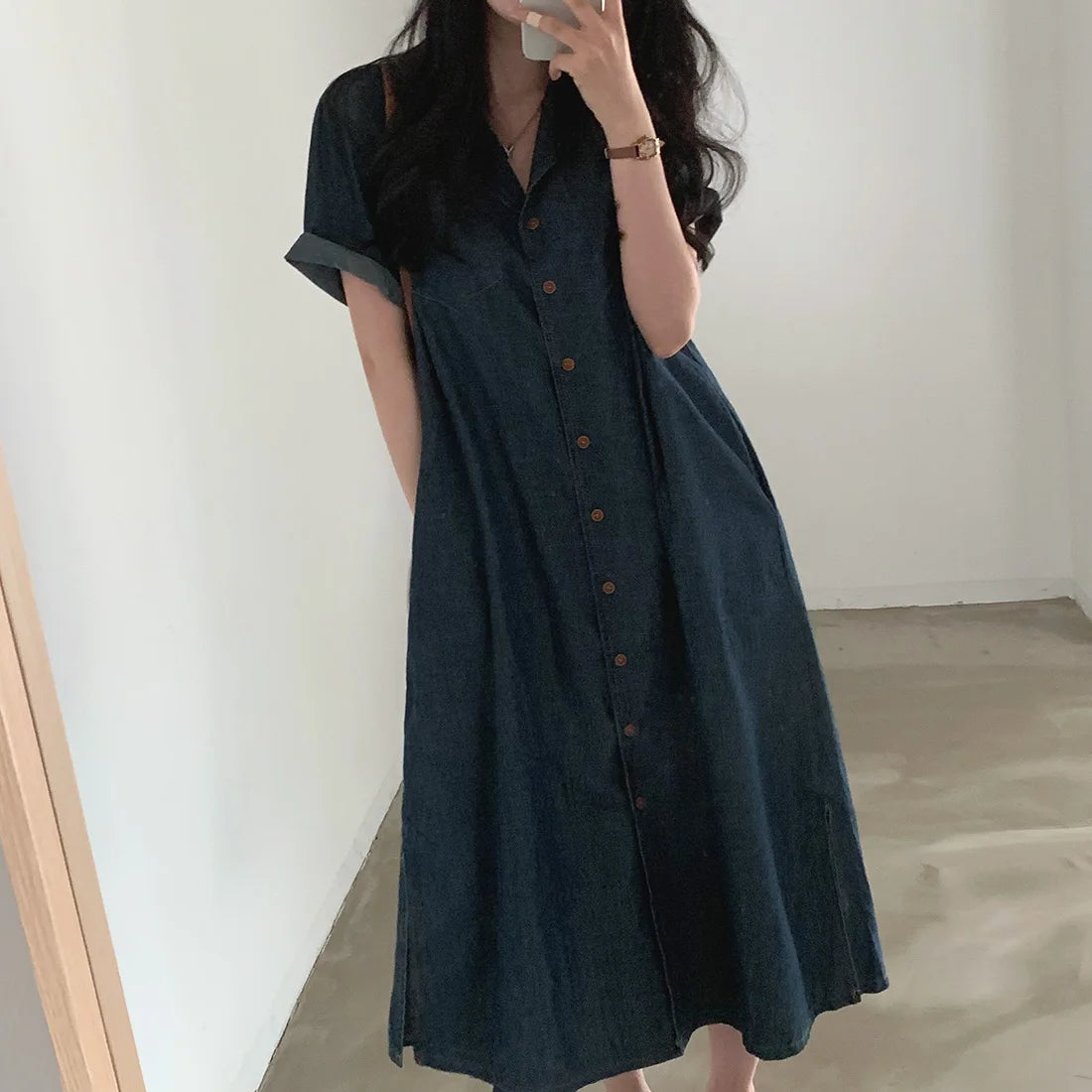 Slimming Chic Retro Chic Long Dr with Belt High Waist A-Line Skirt ort Sve Korean Sle Commute Dr Denim Dr