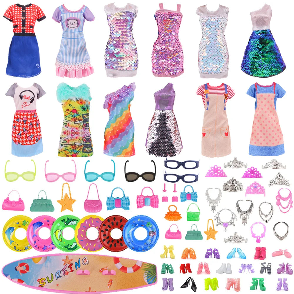 45 Item/Set Doll Accessories=5*Doll Clothes Dress+40*Doll Accessories Doll Shoes Boots Necklaces Glasses Hangers For 30CM Doll