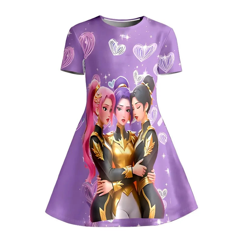 Girl Anime Girl Group Printed T-shirt Dress, Children's Party Purple Heart Casual Dress Suitable for Birthday Gifts