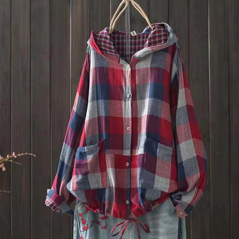Large size blouses for women autumn hooded long sleeve single-breasted plaid shirts cotton checkered oversized shirt outwear