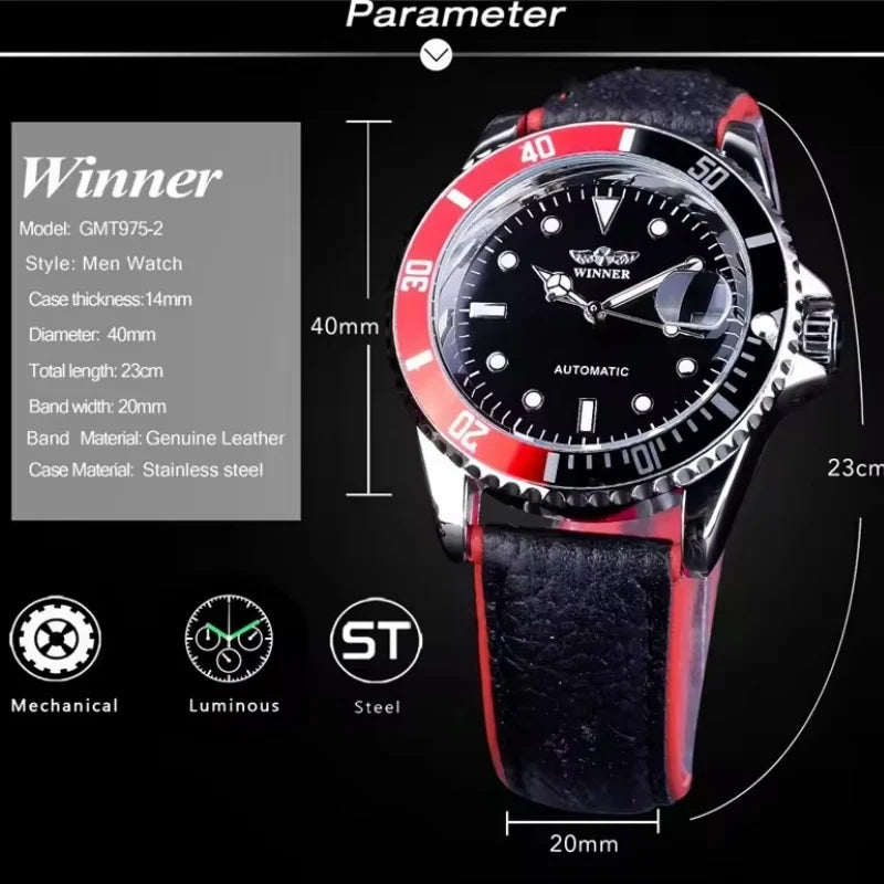 WINNER 002 Fashion Men's Mechanical Watch Luxury Style Calendar Night Light Business Black White Classic Men's Automatic Watch