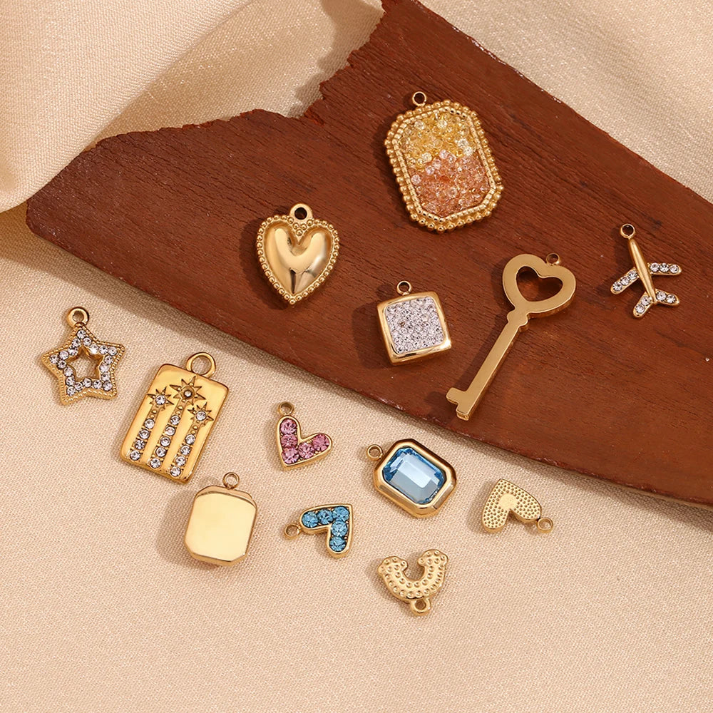 E.B.belle Octagonal Splicing Color Bead Heart-shaped Key Rainbow Square 316L Stainless Steel 14K Gold Plated Pendant Charms