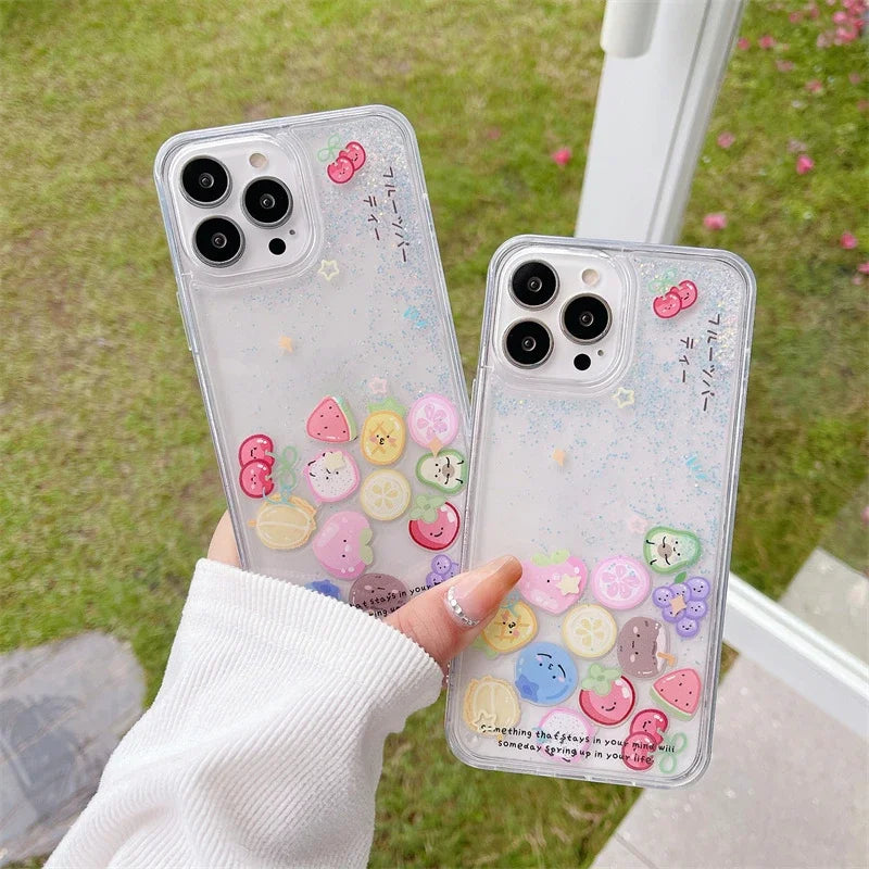 Fruit Floating Icons Quicksand Case for iPhone 16 15 Pro Max Clear Hard Plastic Protective Coque Liquid Sand Cover Phone Housing