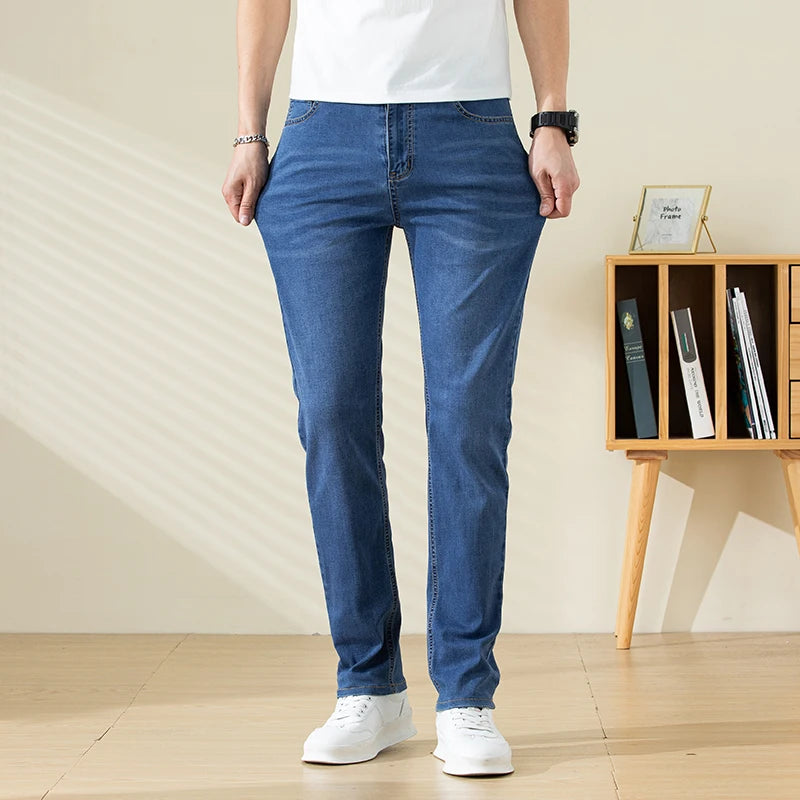 Summer Thin Mens Clothing Cowboys Slim Straight Jeans Men Denim Pants Casual Regular Fitness Men's Trousers Light Blue 2025