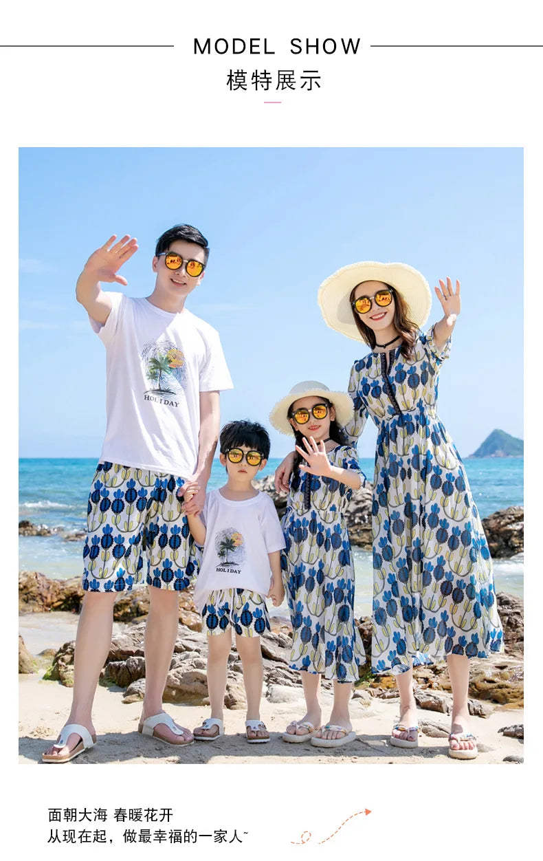 Vacation Look Family Matching Clothes for Parents and Children Outfits Daughter Mom Dress Son Dad T Shirts Shorts Two Piece Sets