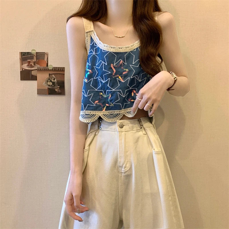 Star Embroidered Crochet Tank Top for Women Sleeveless Crop Camis Teen-girl Bohemian Spring Summer 2026 Festival Outfit