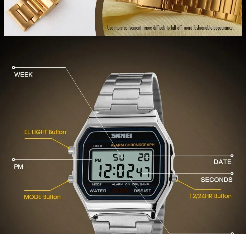 Skmei Fashion Men Stainless Steel Strap LED Display 3Bar Waterproof Digital Watch Reloj Hombre For Casual 1123 Sport Watches