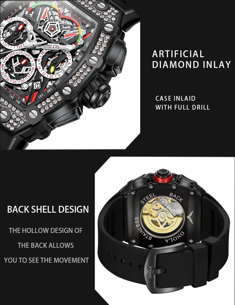 2022 New Men's Automatic Mechanical Watch ONOLA Fashion Unique Luxury Diamond Inlaid Design Waterproof Silicon Tape Watches Men
