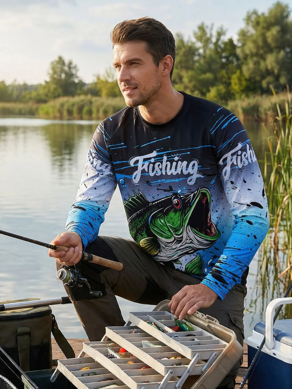 2025 Fishing Shirt Men Summer Outdoor Fishing Clothing Sunscreen Long Sleeve Fish Print Casual Shirts Anti-UV Fishing Shirts