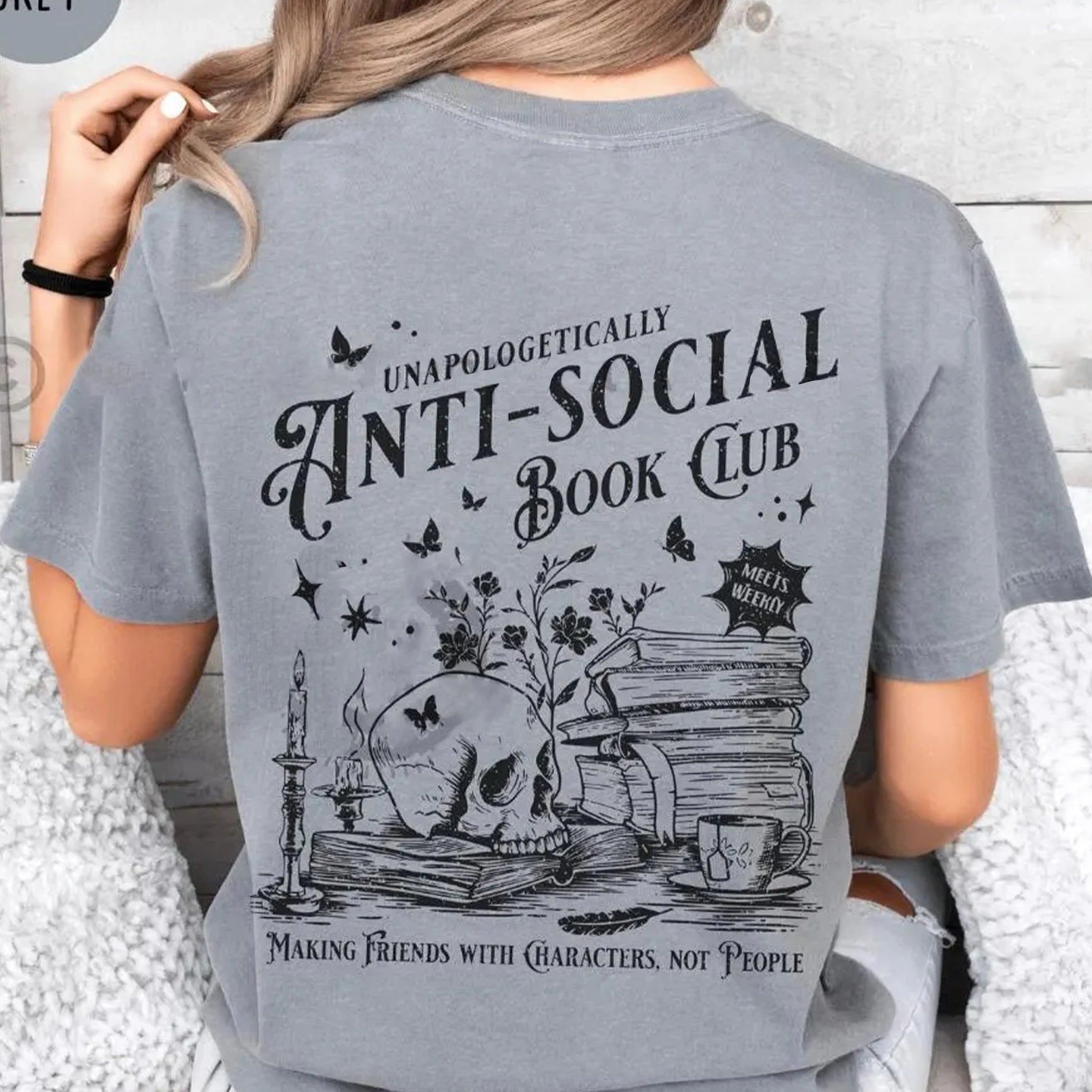 Vintage Anti-social Book Club 2 Sided Comfort T-Shirt for Introverted Romance Reader Distressed Tee Trendy Casual Streetwear