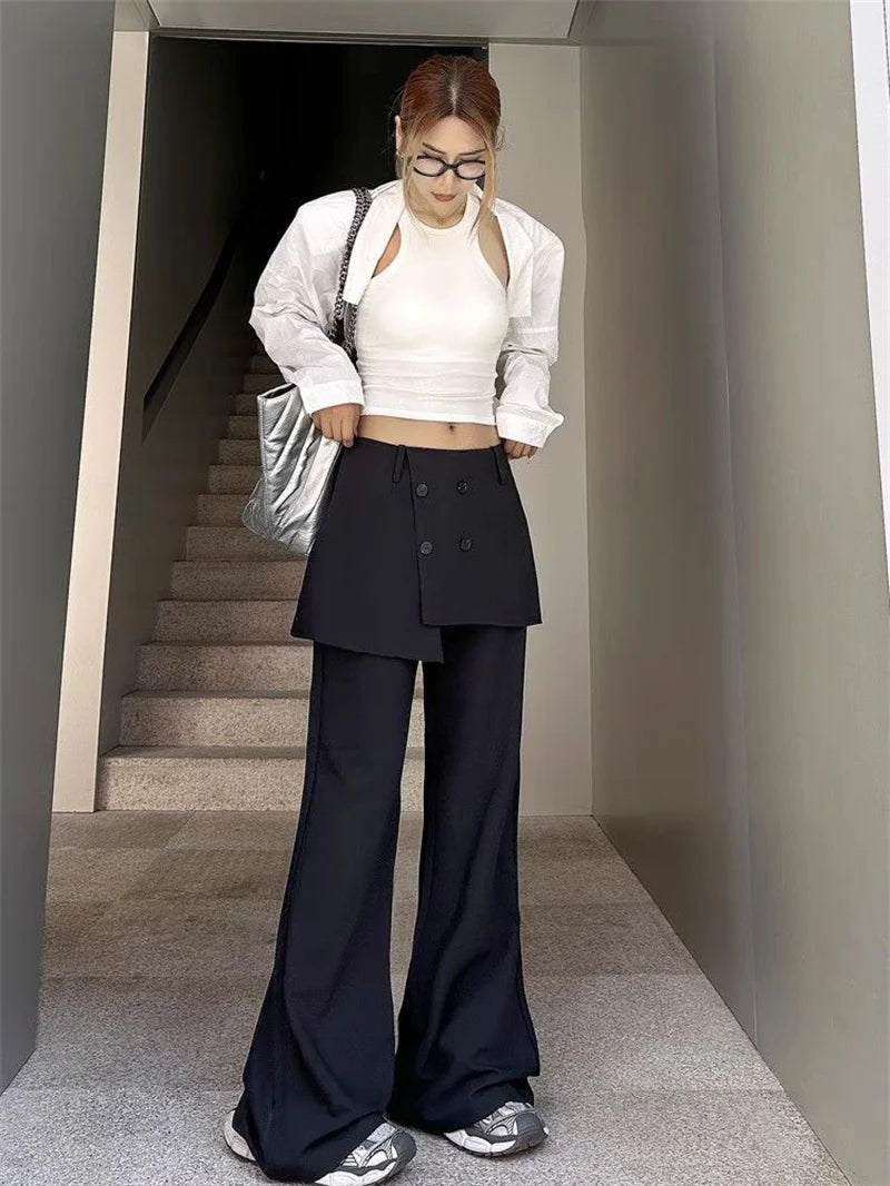 Korean Women's Apron Pants Short Skirt Patchwork Fashion High Street Fake Two Pants Solid Color High Waist Flared Pants 937P