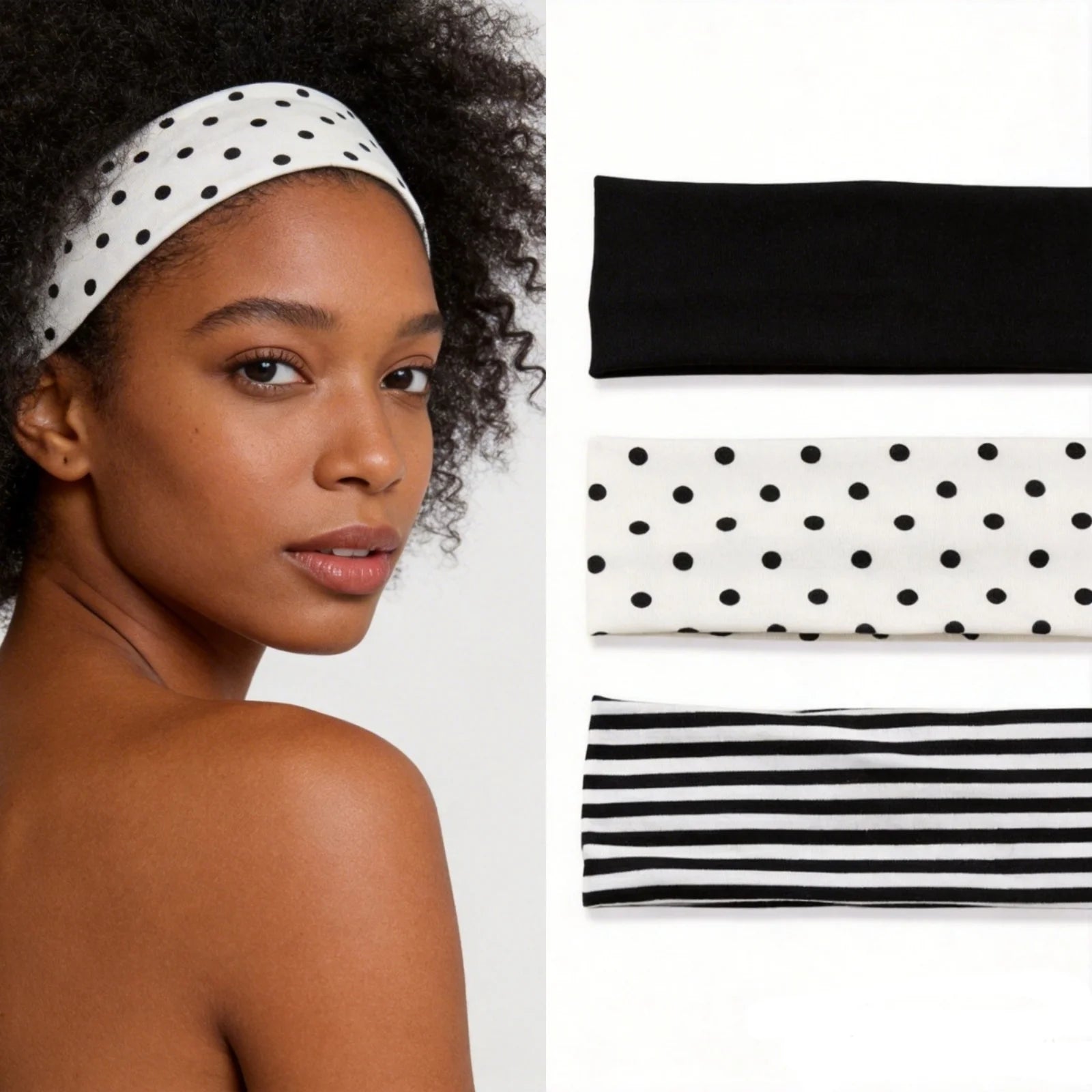 3Pcs Black & White Polka Dot Striped Elastic Headbands For Women Soft Stretchy Hair Accessory For Yoga Fitness Travel Daily Life