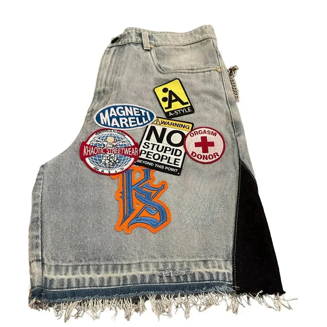 Vintage Statue Liberty Sequin Rhinestone Denim Short Jeans Women Loose Retro 2000s Streetwear Denim Fitness Y2k Casual Shorts