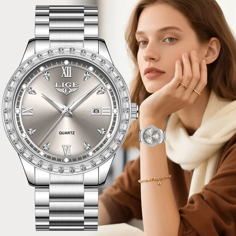 LIGE Creative Diamond Design Watch Women Waterproof Stainless Steel Luminous Ladies Watches Simple Elegant Quartz Wristwatch