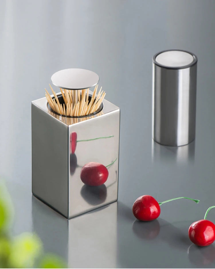 304 Stainless Steel Toothpick Holder Storage Box Press Bracket Automatic Spring Cover Cotton Swab Storage Box Home Decoration