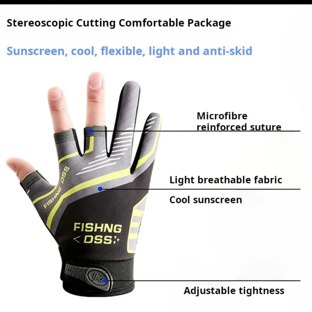High Quality Fishing Gloves for Men Summer Fishing Road Sub Sunscreen and Anti Slip Ice Silk Breathable Thin Three Finger Gloves