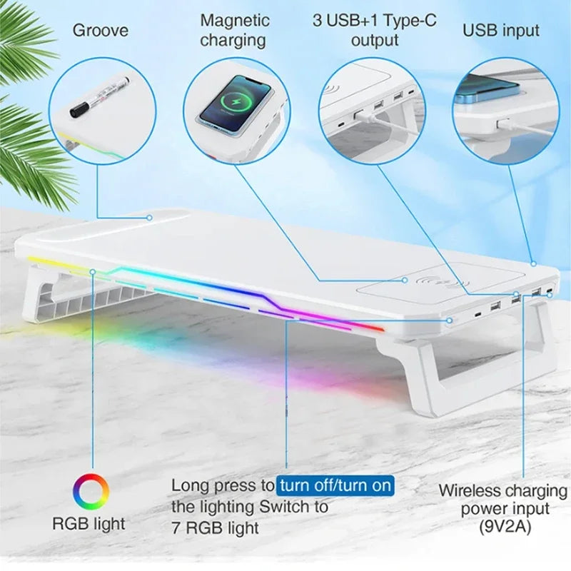 PC Monitor Stand 3 USB 2.0 Ports Keyboard Storage Space Bar Laptop Monitor Holder With RGB Light Type-C Wireless Charging
