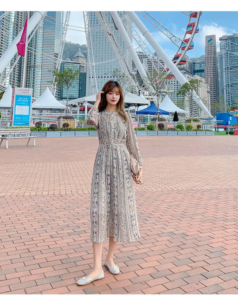 Retro Dress Spring Summer Long Sleeve Floral Chiffon High Waist Court Over Knee Popular Inside Women's Dress 2022Vestidos Office
