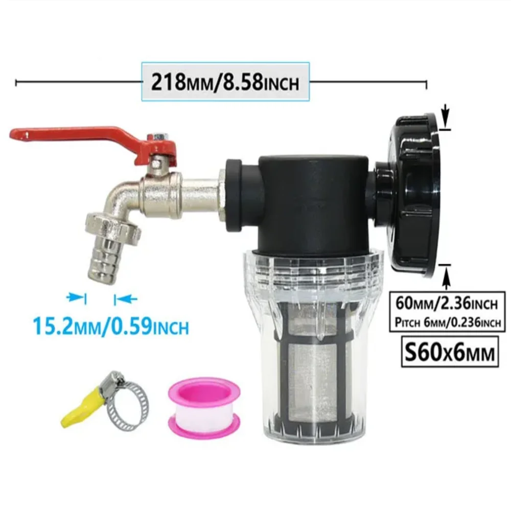 IBC Tank Tap Adapter Filter S60 Thread To 15-16mm Garden Hose Connector Faucet Alloy Ball Valve 1000 Liter Rain Barrel Fitting