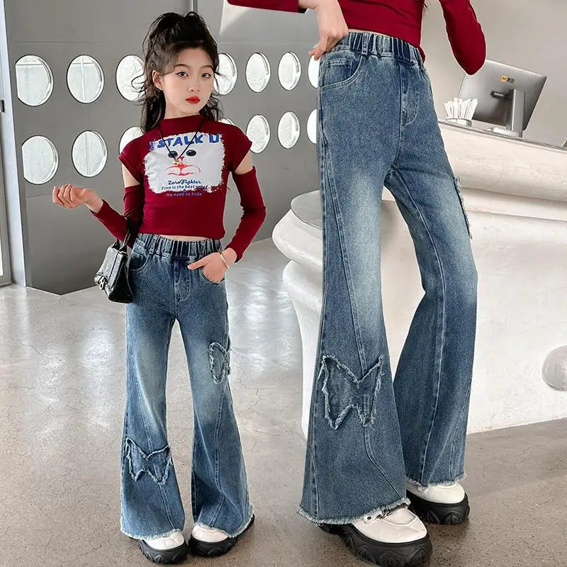 New Junior Girls Denim Pants Ins Bow Patchwork Children Girls Flared Pant Loose Elastic Waist Casual 4-14Y School Girls Trousers