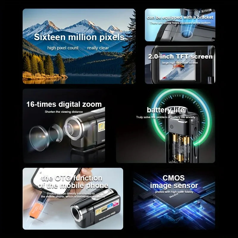 MiniDV Digital Video Handheld Camcorder is a high-definition camcorder with a sleek silver designdigital zoom