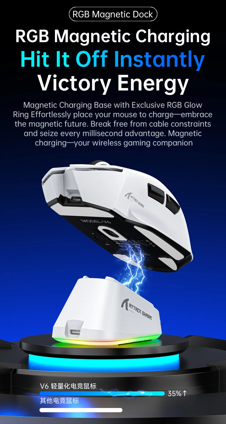 V6 ATTACK SHARK 25000DPI Wireless Mouse,Bluetooth Tri-Mode Connection,Touch Magnetic Charging Base , Macro Gaming Mouse