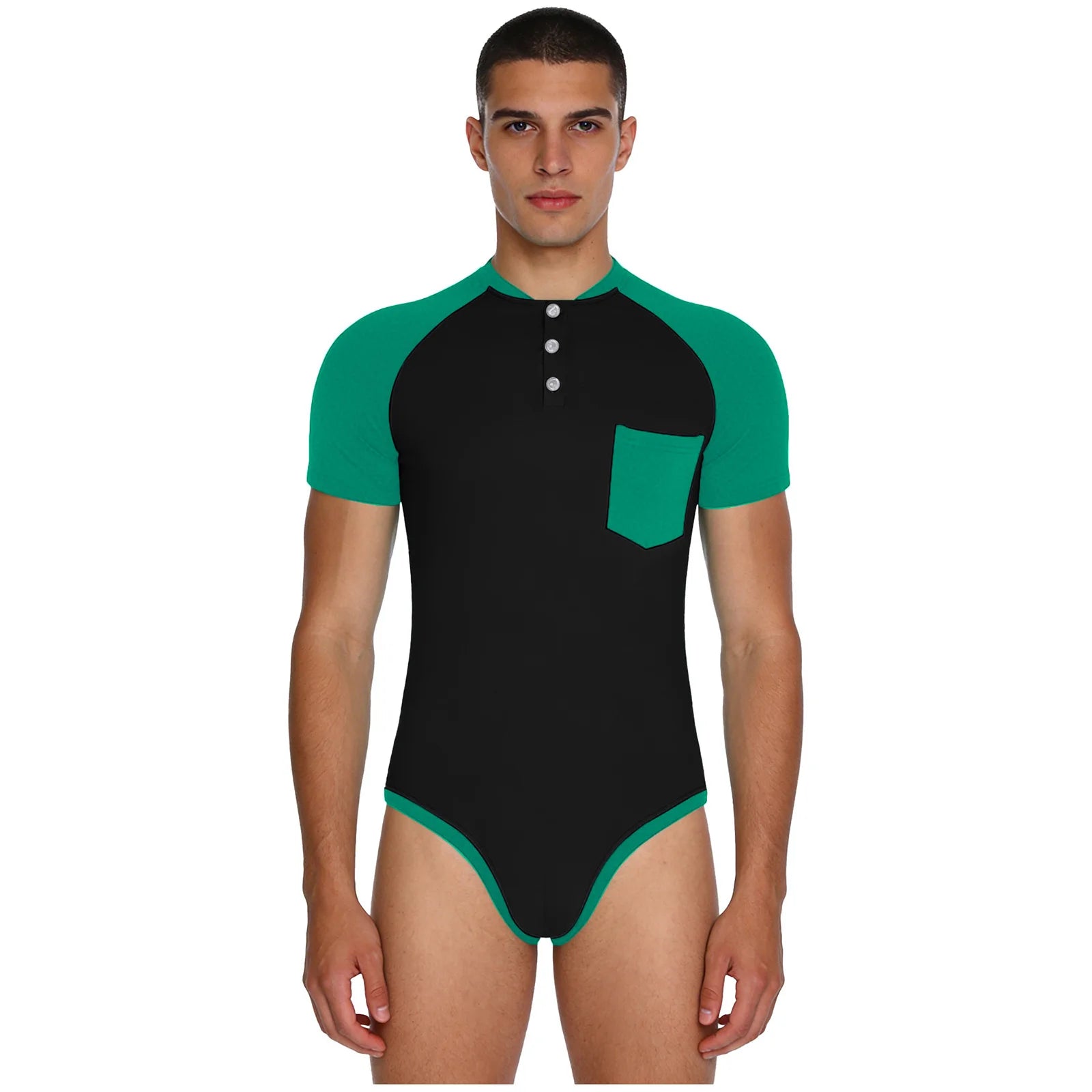 Men Workout Fitness Gym Sport Bodysuit Short Sleeve Openable Crotch Patchwork Jumpsuit for Workout Gym Sports Swimming Outfits