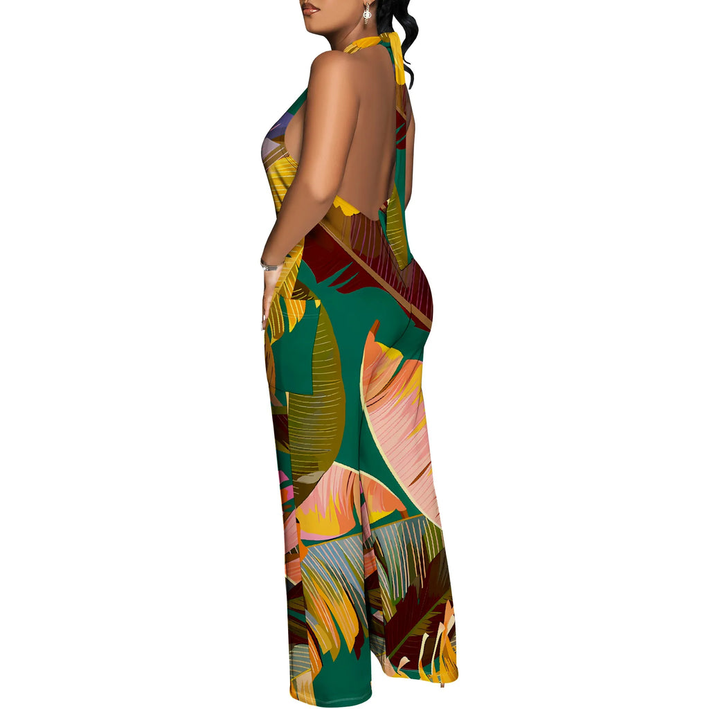 Vacation Leaf Print Halter Jumpsuit - Tie Neck Wide Leg Palazzo Beach Romper