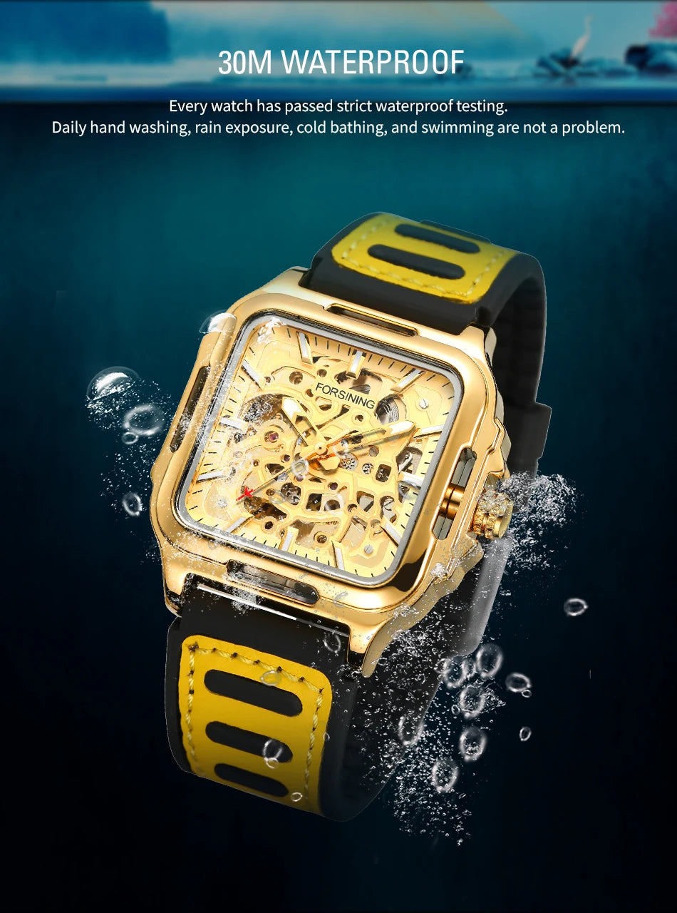 FORSINING Original Square Skeleton Mechanical Man Wristwatches Automatic Movement Field Sports Waterproof Silicone Replica Watch