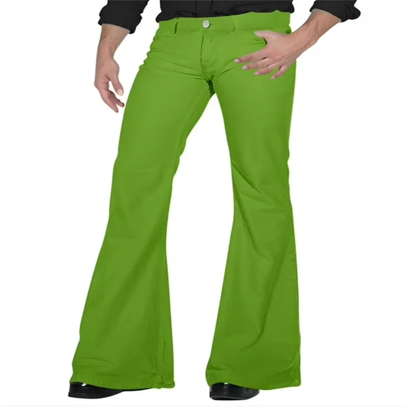 2026 Fashion Men's Vintage Disco Flared Pants Solid Stretch Slim Fit Trousers Hippie Style Casual Wide Leg Pants Male Streetwear